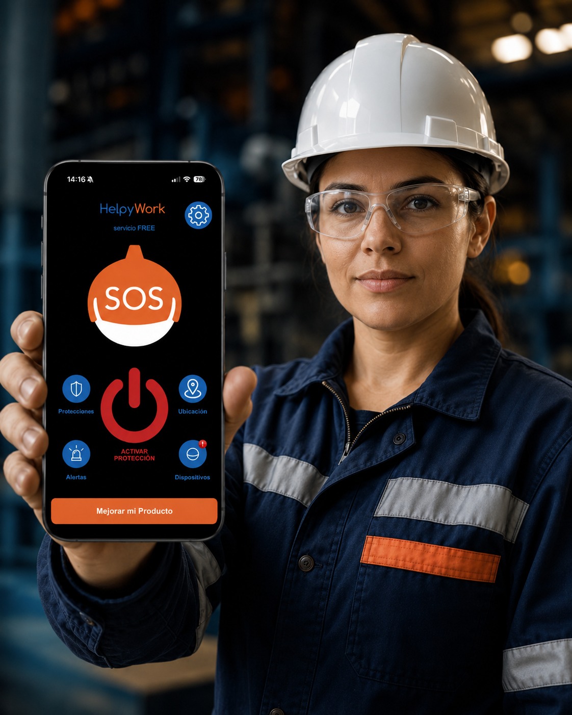 Trabajadora mostrando la pantalla de HelpyWork en un entorno industrial